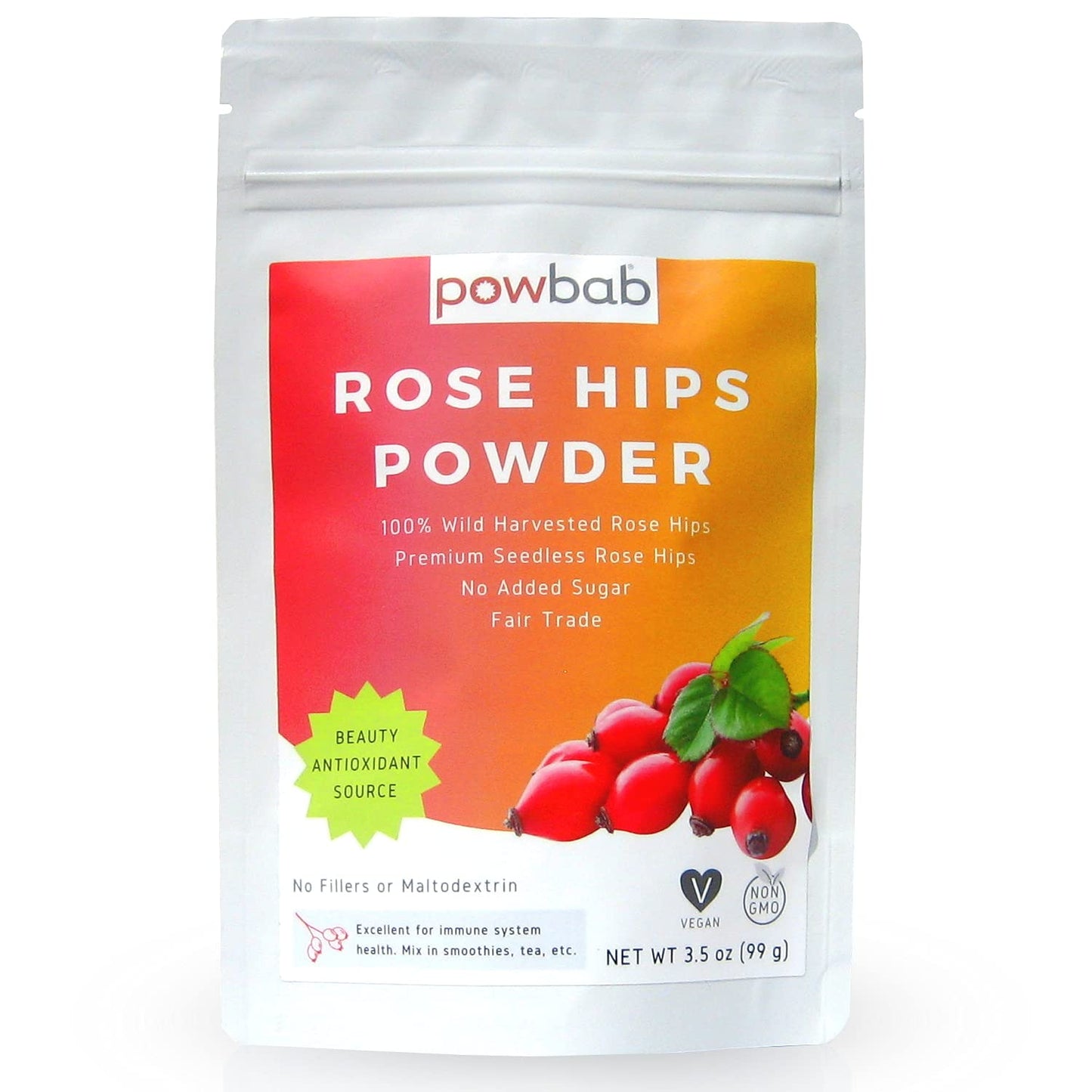 powbab Rose Hips Powder from 100% Wild Organic Rosehip. Premium Rosa Rubiginosa. Seedless Ground Rosehips from Whole Dried Rose Hips. No Added Sugar