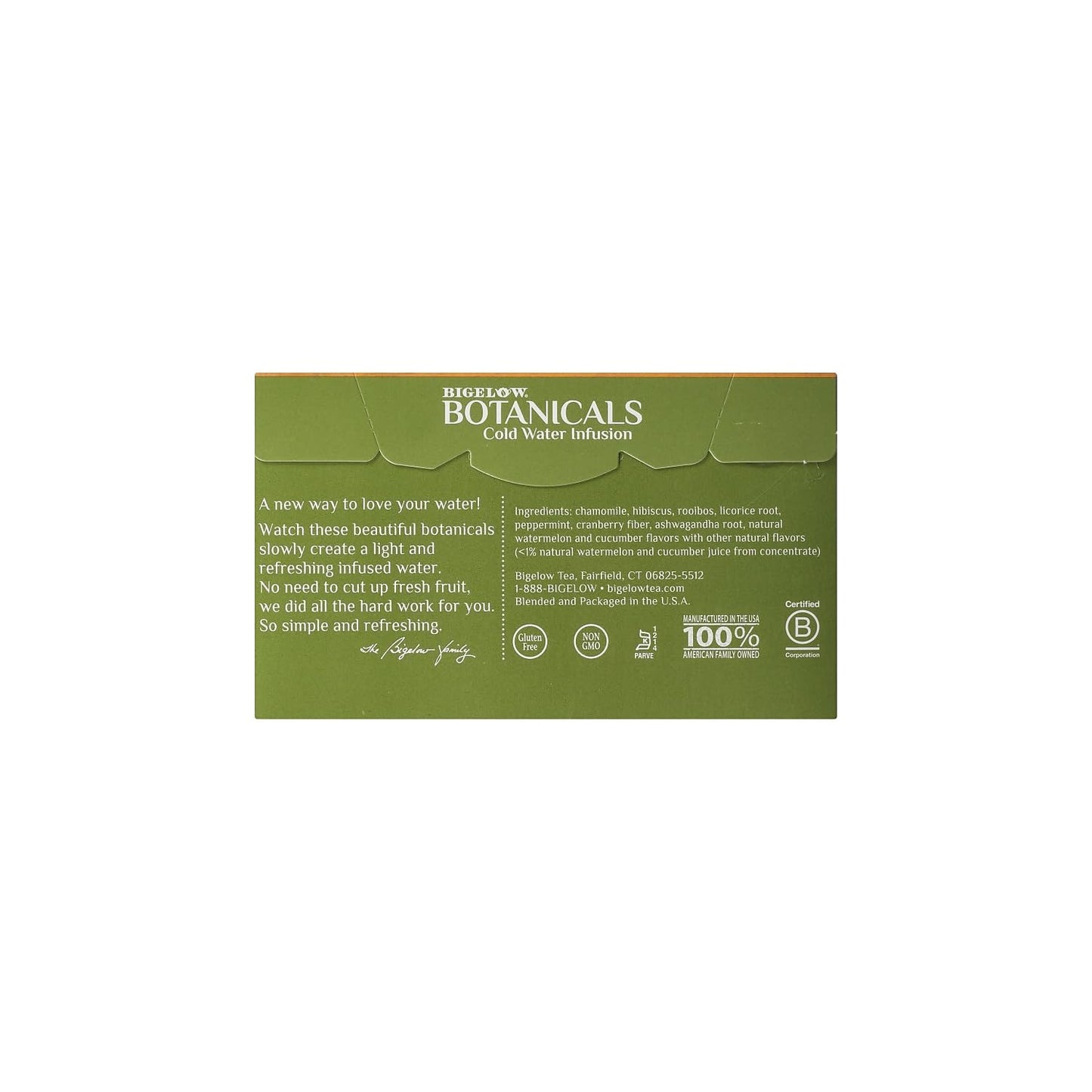 Bigelow Botanicals Cold Water Infusion Watermelon Cucumber Mint Tea Bags 18 Count Box (Pack of 1), Herbal Infusion, Caffeine Free, 18 Tea Bags Total