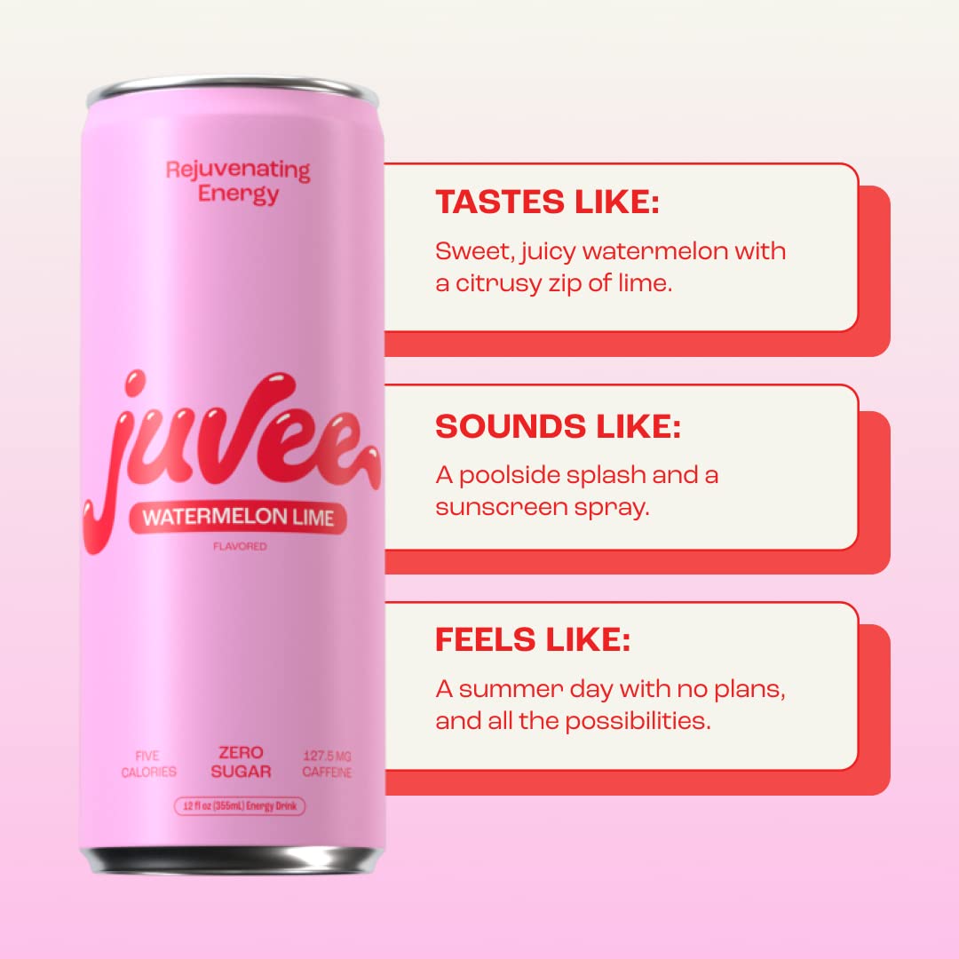 Juvee Rejuvenating Energy Drink - Sugar Free Watermelon Lime Flavor, 12 oz Cans (12-Pack) - 128mg Natural Caffeine, Zero Sugar, Low Calorie, Clean