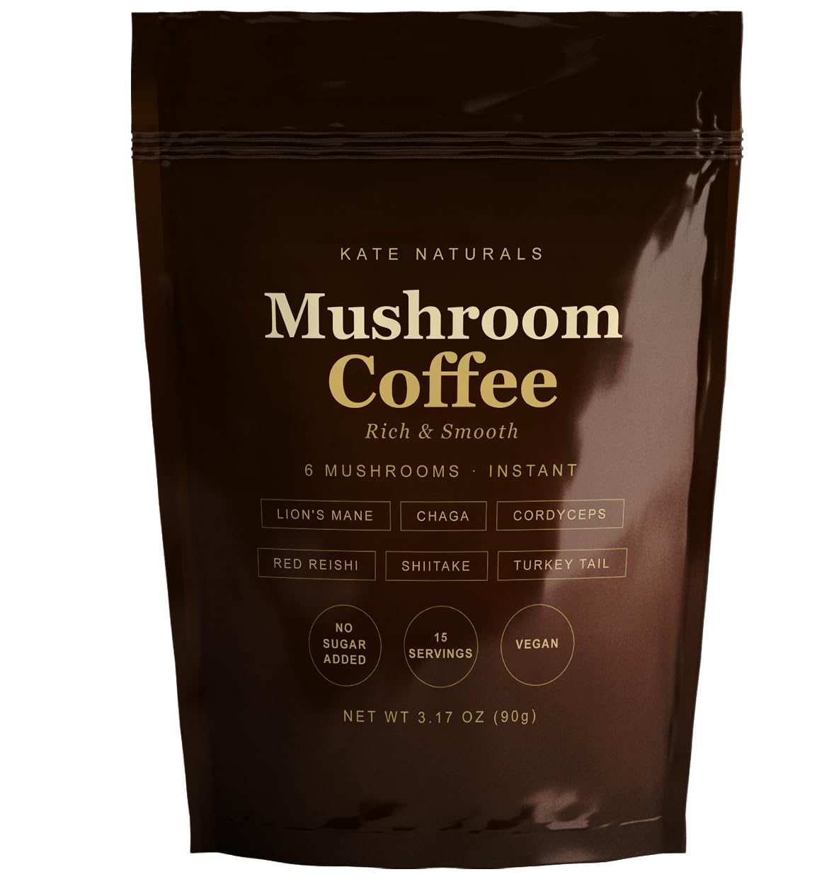 Kate Naturals Mushroom Coffee Instant (15 Servings, 3.17oz) Organic Lion's Mane, Chaga, Cordyceps, Red Reishi, Turkey Tail, Shiitake & Agave Inulin