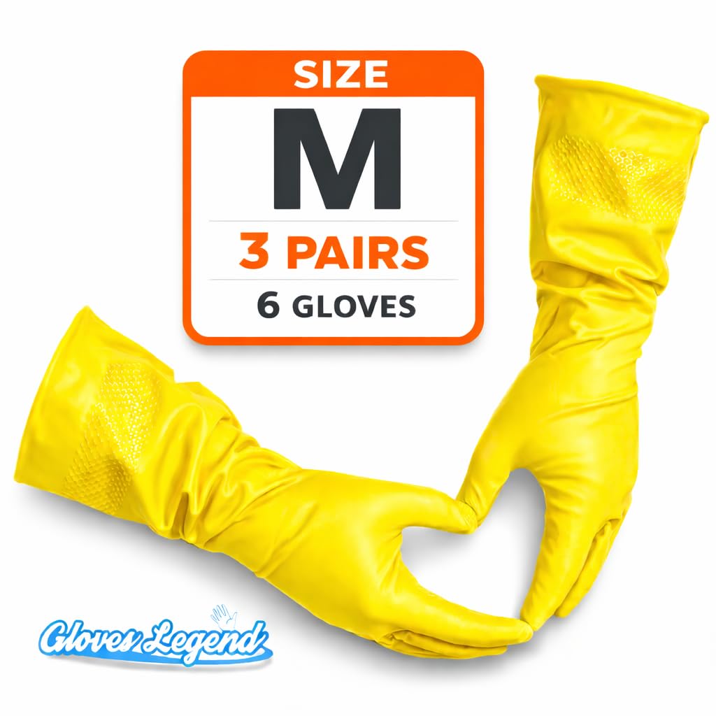 3 Pairs (6 Gloves) - Gloves Legend Size Medium - Latex Yellow Household Kitchen Cleaning Dishwashing Reusable Gloves