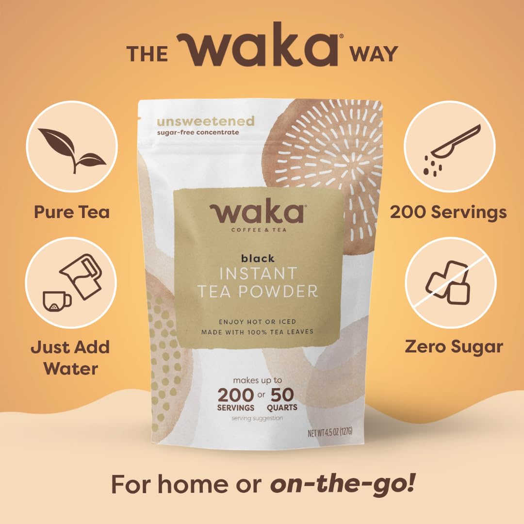 Waka Instant Black Tea Mix, Classic - 100% Tea Leaves, No Additives, Unsweetened Tea Powder for 50 Quarts or 200 Cups - Easy and Quick Hot or Iced