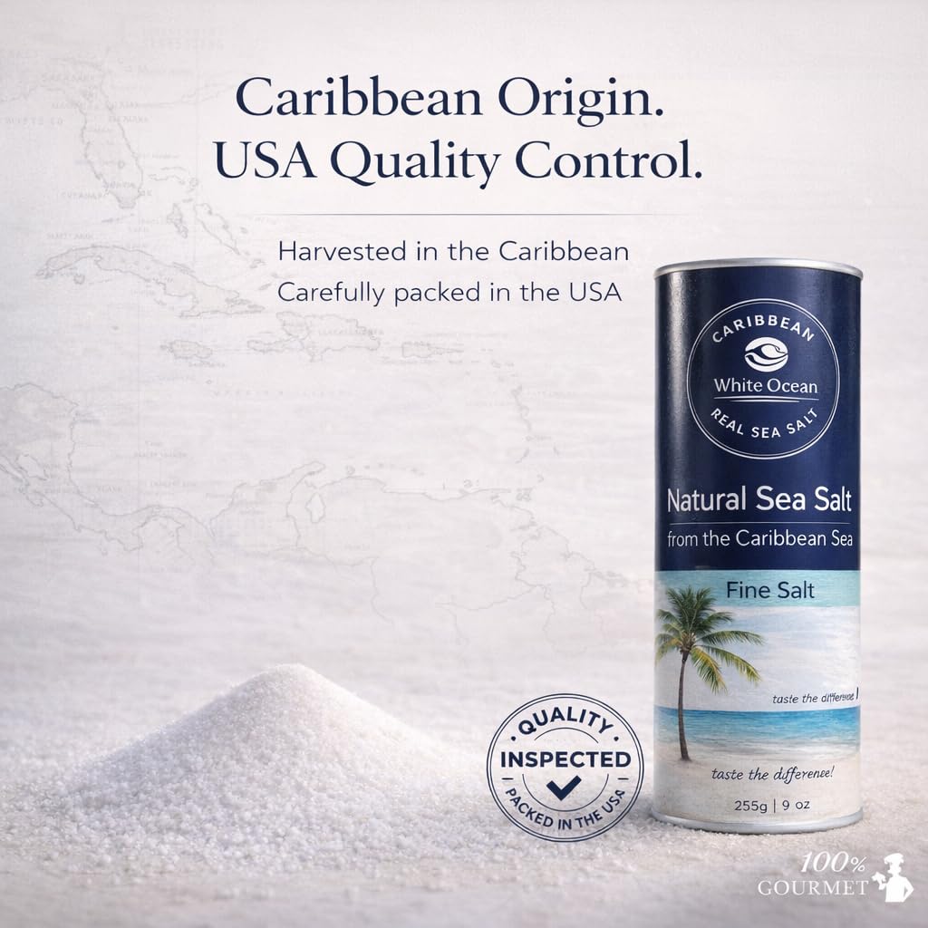 100% Gourmet Fine Sea Salt - Caribbean Sea Salt, Natural & Unrefined, Naturally Mineral-Balanced, Fine Grain Table Salt, Kosher (9 oz)