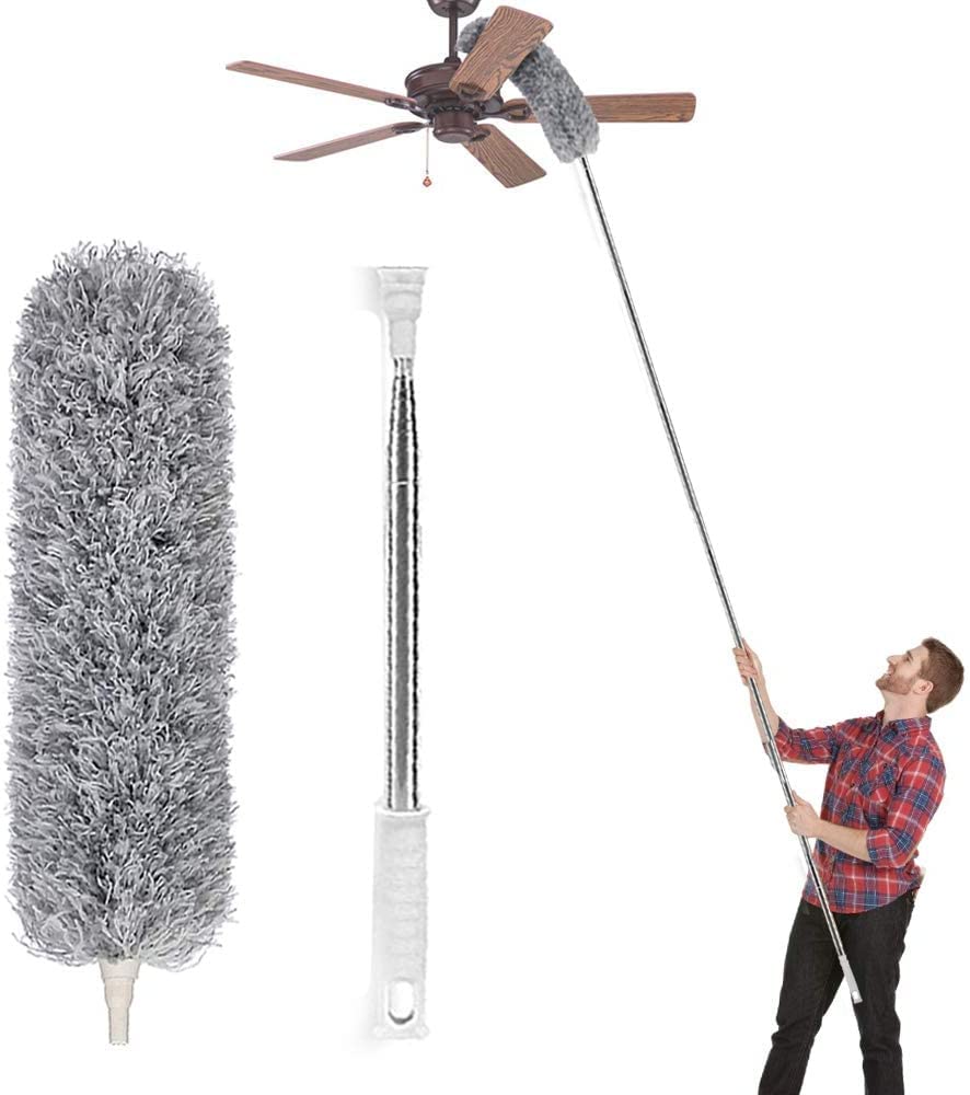 Lomida Microfiber Duster with Extension Pole(Stainless Steel), Extra Long 100 inches, with Bendable Head, Extendable Duster for Cleaning High Ceiling