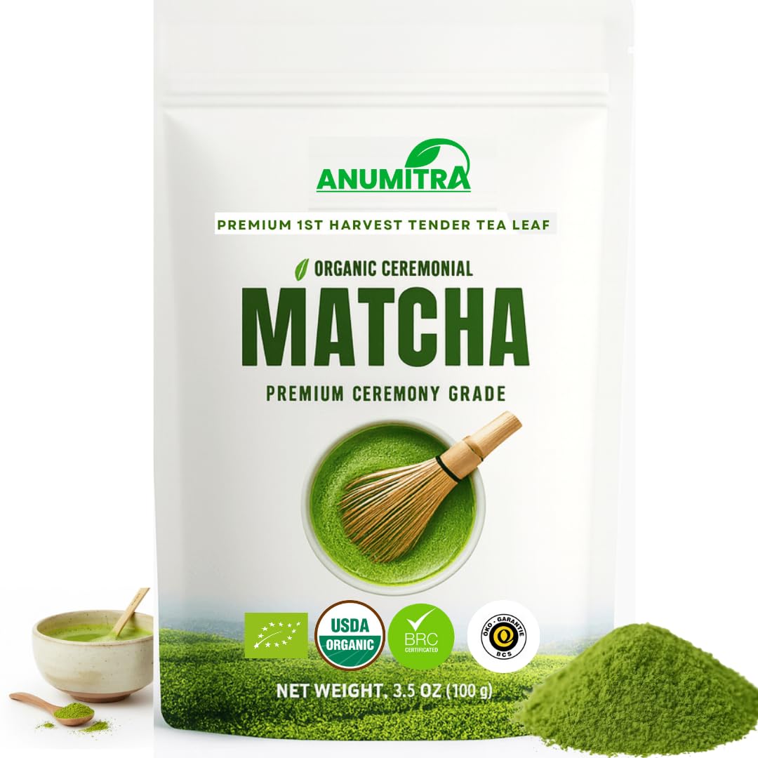 ANUMITRA Premium Ceremonial Grade Matcha Green Tea Powder - USDA Organic, Gluten-Free Vegan 100% Pure Unsweetened No Additives 3.5274 oz bag First
