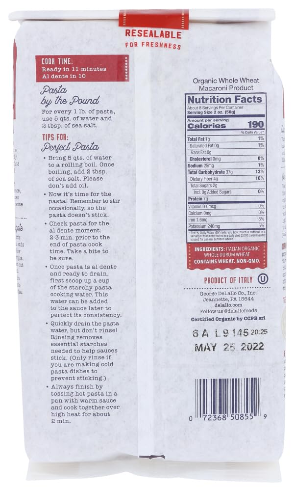 Delallo Penne Rigate Whole Wheat Pasta 1 LB (Pack of 16)