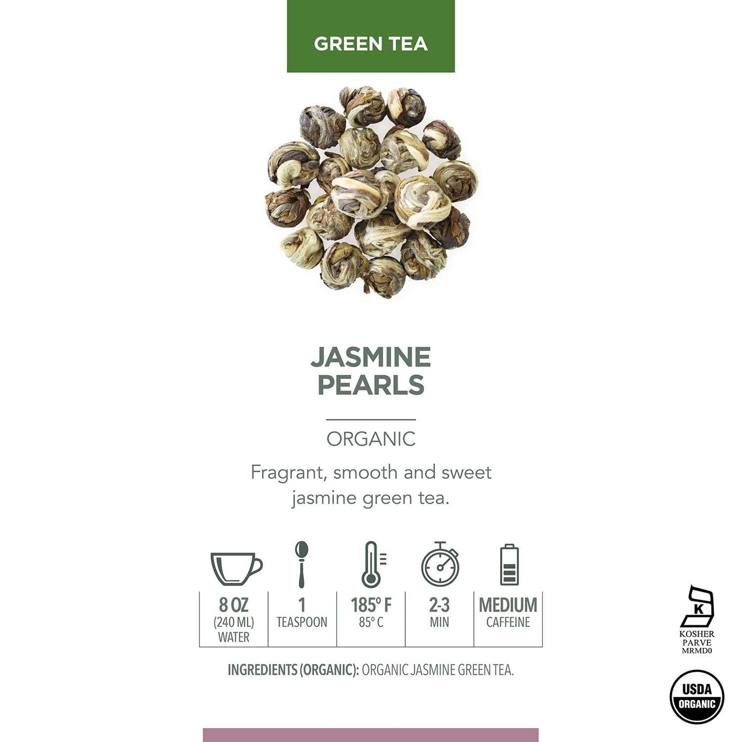 Teabloom Jasmine Pearls - USDA Organic Jasmine Green Tea in Plant-Based Pyramid Sachets - Luxury Tea Gift Box with 12 Compostable Sachets - Kosher