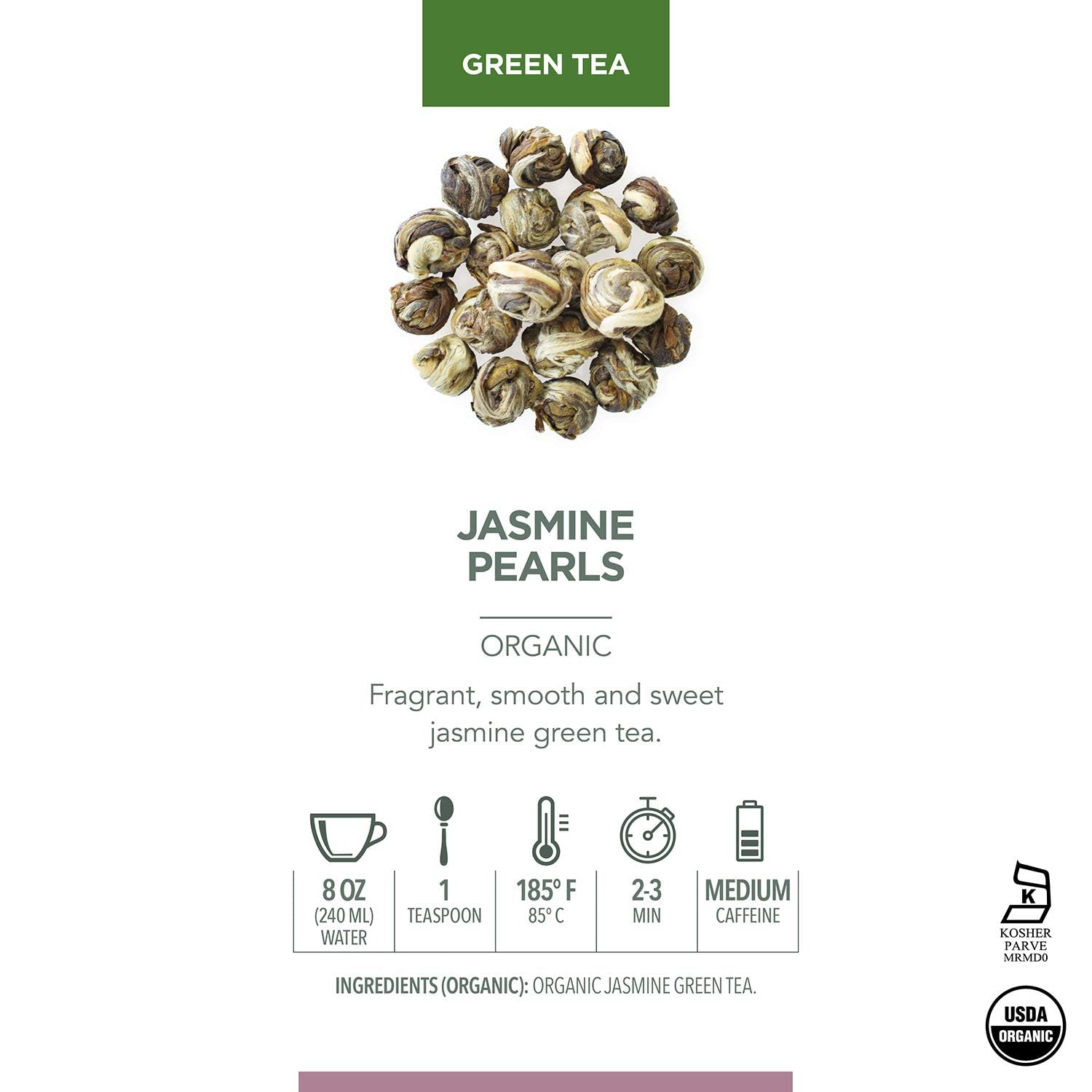 Teabloom Jasmine Pearls - USDA Organic Jasmine Green Tea in Plant-Based Pyramid Sachets - Luxury Tea Gift Box with 12 Compostable Sachets - Kosher