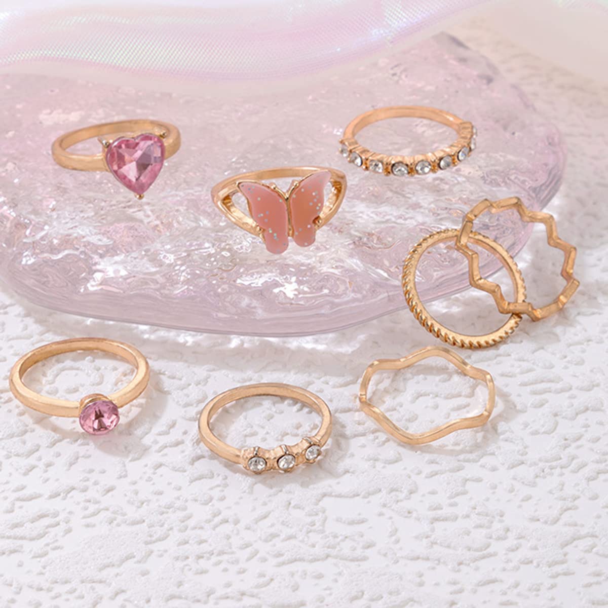 Pink Butterfly Ring Set Love Diamond Ring Set of Eight