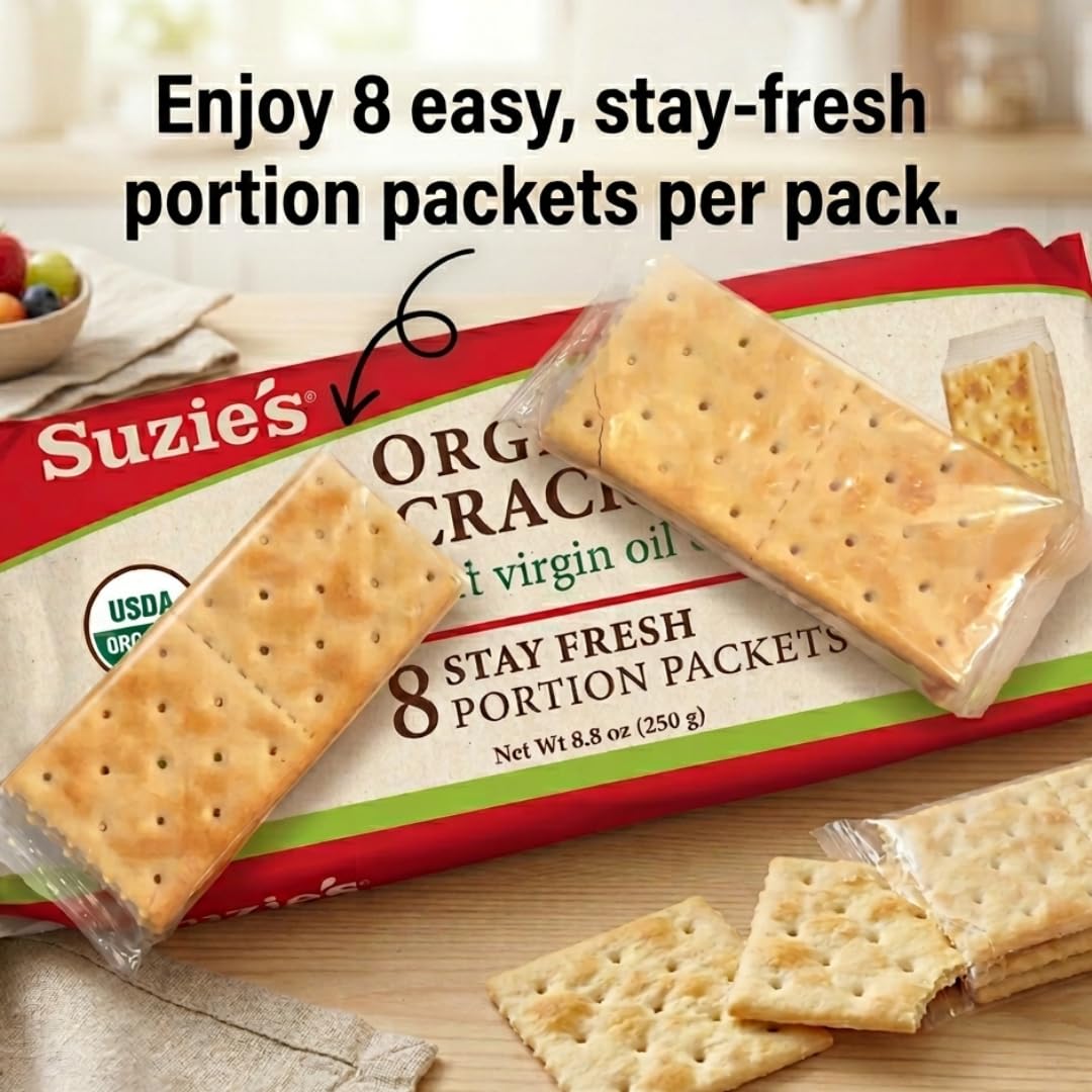 Suzie's Organic Saltines Crackers|Salted w/Extra Virgin Olive Oil|Low Saturated Fat|Healthy Gourmet Baked Vegan Snack for Adults & Children| 6 Packs