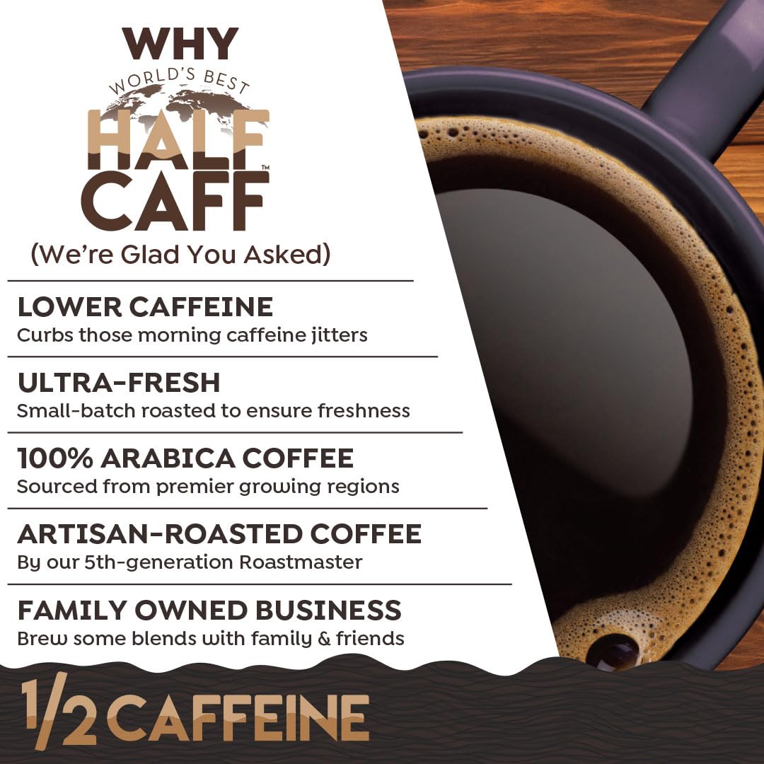 World's Best Half Caff Dark Roast Coffee Pods, 18 ct, Single Serve Pods - 100% Arabica Coffee, Compatible with Keurig K Cups Maker