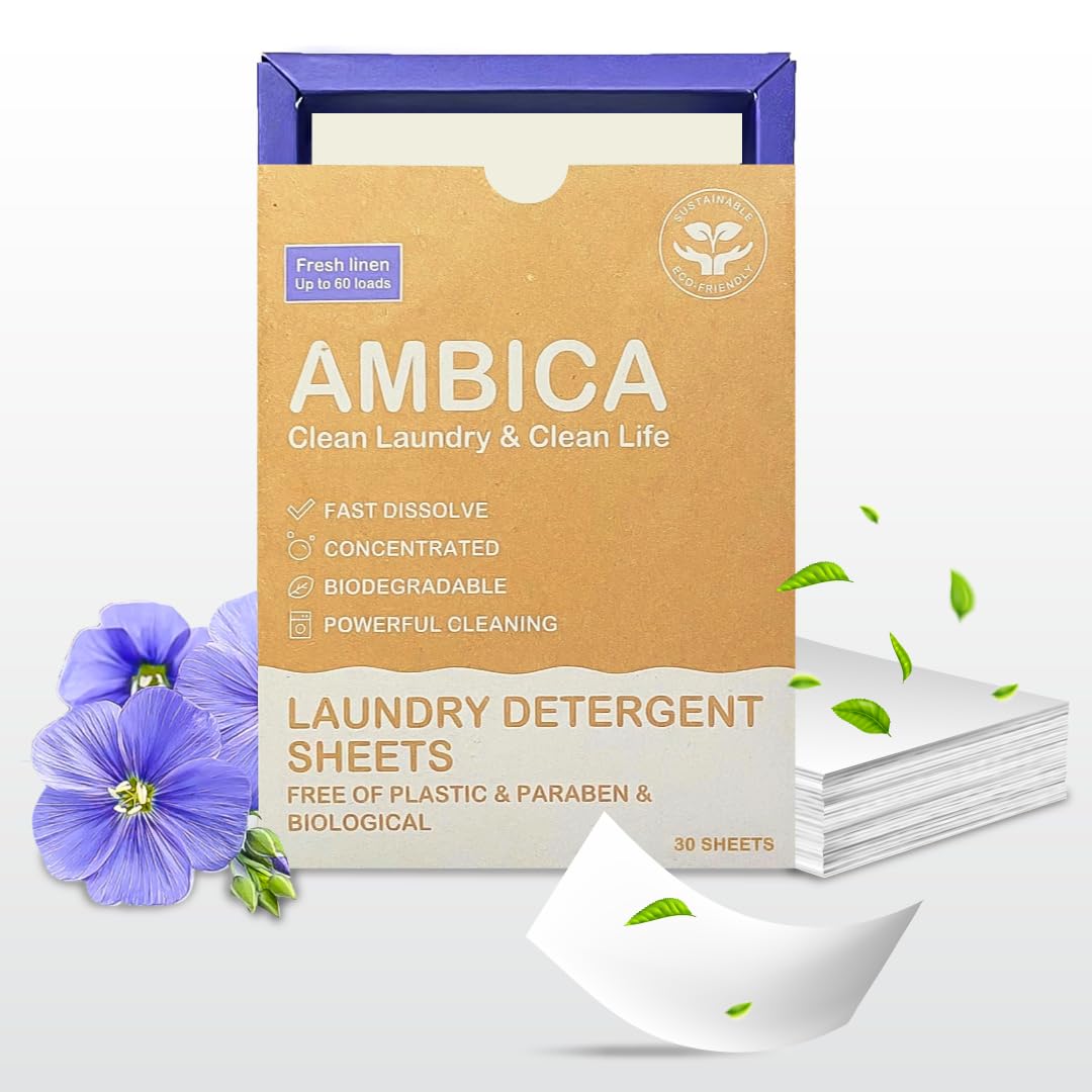 Ambica Travel Laundry Detergent Sheets, Plant-Based Laundry Soap for Fresh Clothes, Hypoallergenic & Free from Harsh Chemicals, Perfect for Sink or