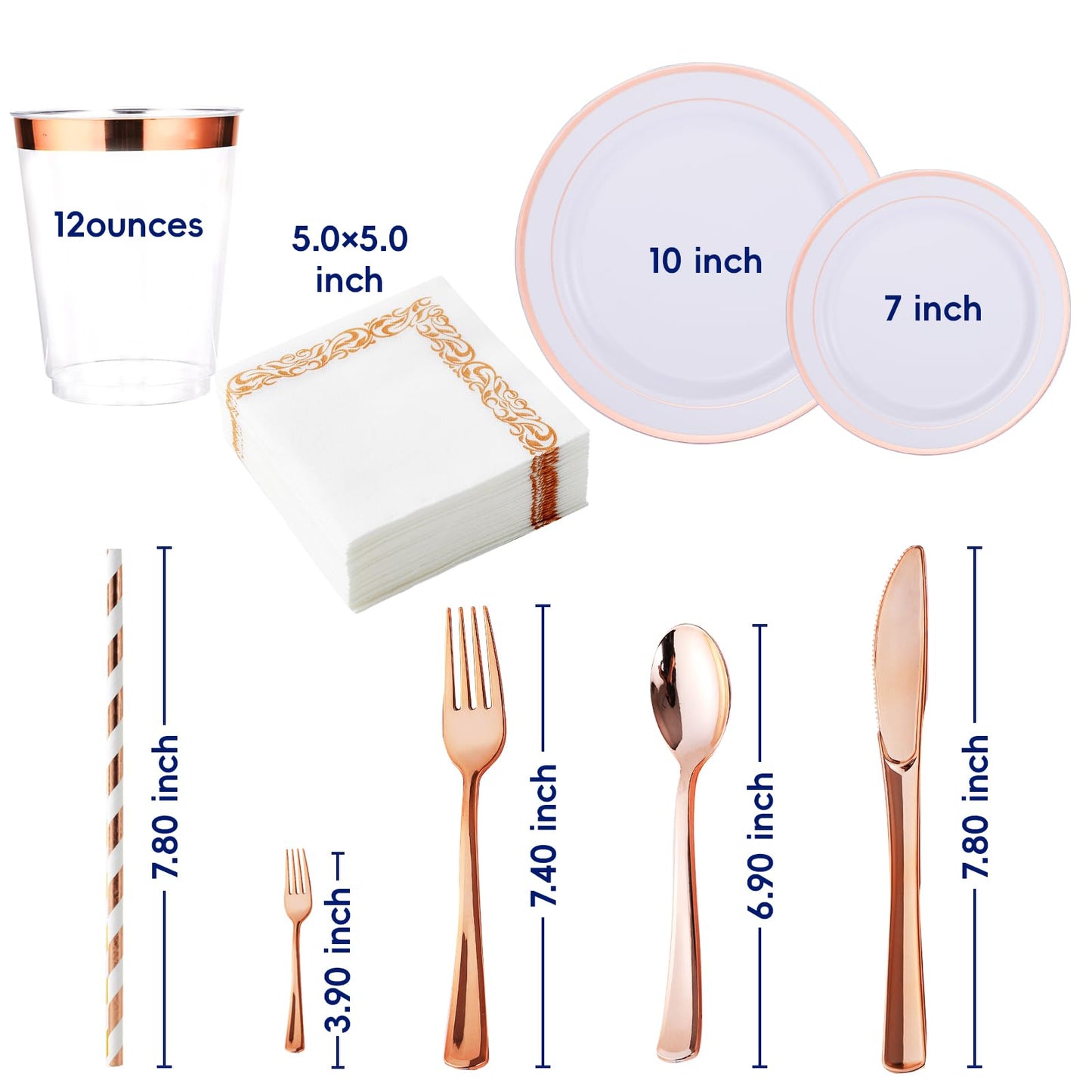 250 Count Rose Gold Disposable Plastic Dinnerware Set, 50 Rose Gold Plastic Plates, 25 Silverware, 25 Cups and Straws, 50 Napkins, Perfect for Wedding