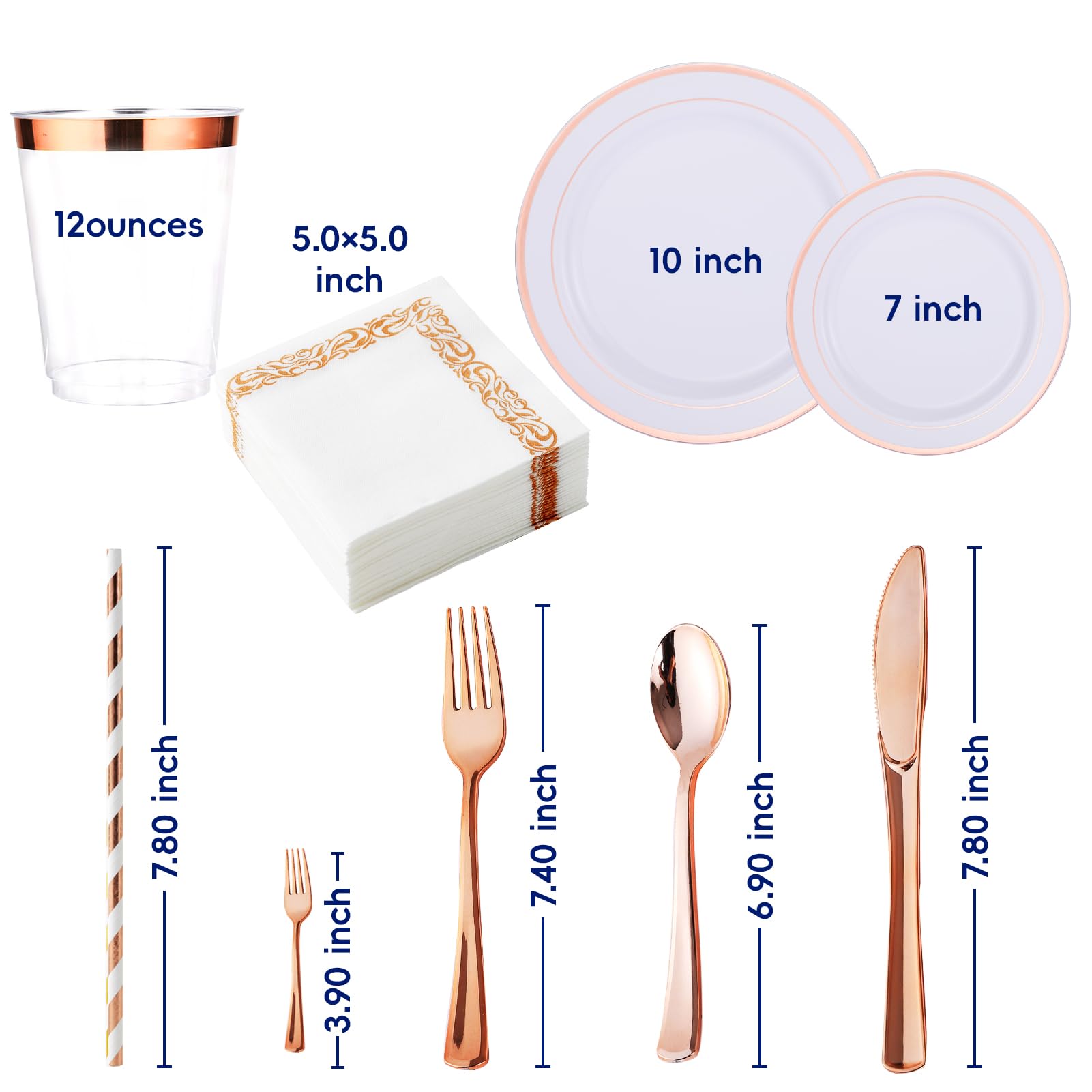 250 Count Rose Gold Disposable Plastic Dinnerware Set, 50 Rose Gold Plastic Plates, 25 Silverware, 25 Cups and Straws, 50 Napkins, Perfect for Wedding