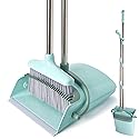 XXXFLOWER Broom and Dustpan Set with Cleaning Teeth, 55" Long Handle Indoor Sweeping Combo for Home Office Kitchen, Bluish Green