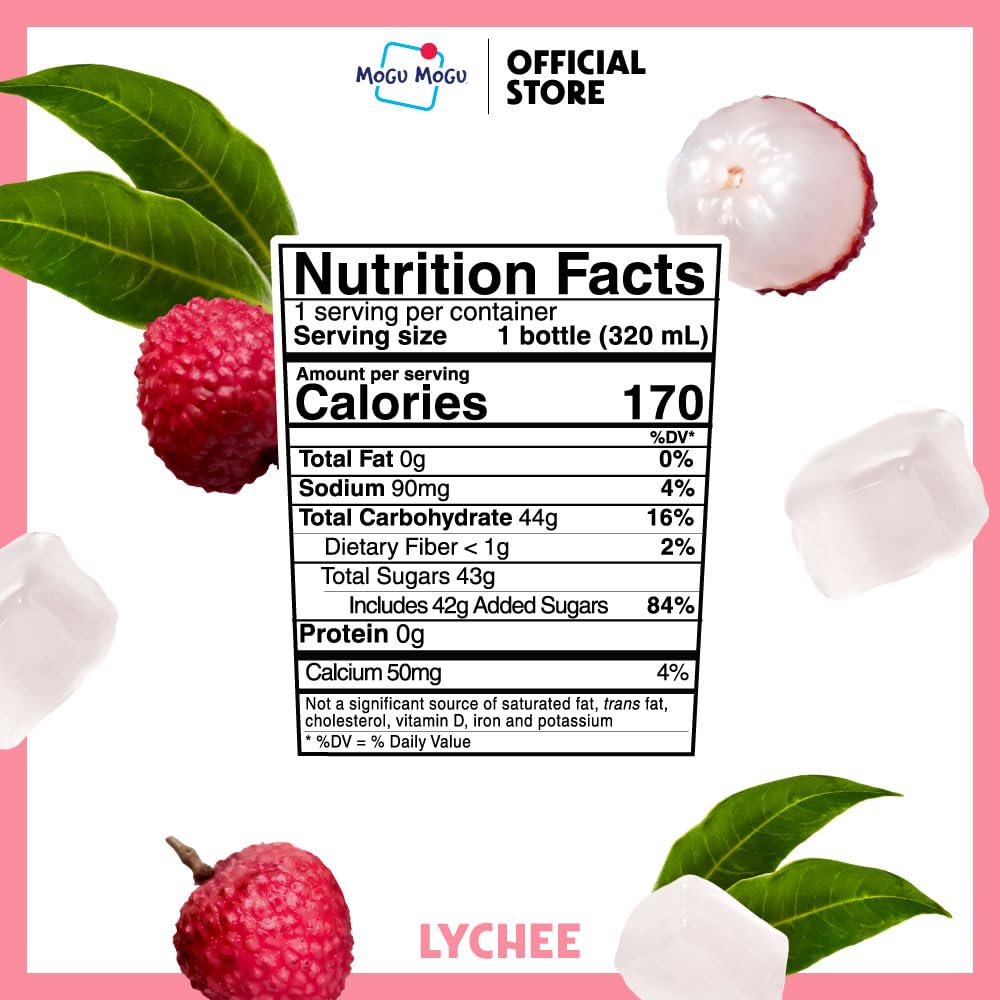 Mogu Mogu Lychee Juice Drink with Nata de Coco (Coconut Jelly) - Chewy Fruit Beverage for Kids & Adults, 6 Pack Bottles, 10.82 fl oz Each