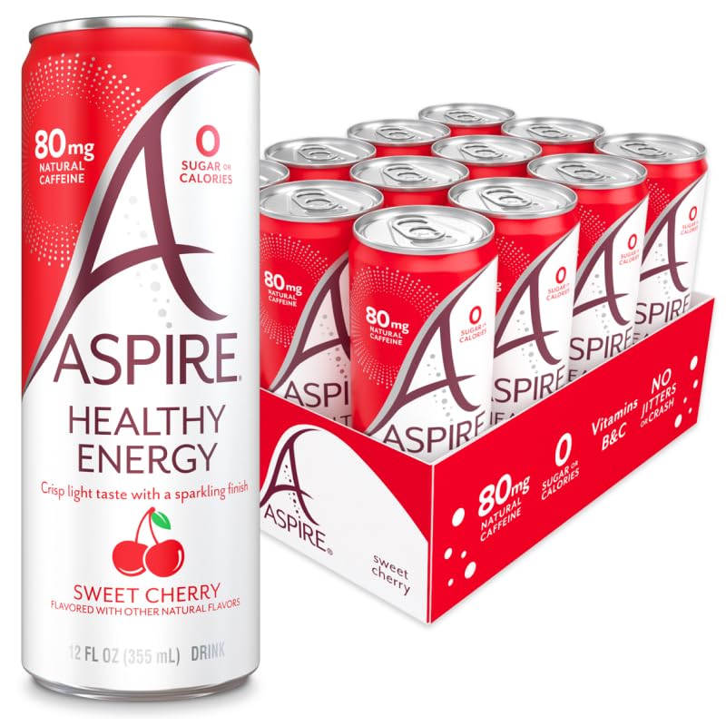 ASPIRE® Sweet Cherry, Healthy Energy Drink 80mg Natural Caffeine, Zero Sugar No Carbs Keto Friendly, 12 Pack Green Tea Sugar Free Drink Low Caffeine