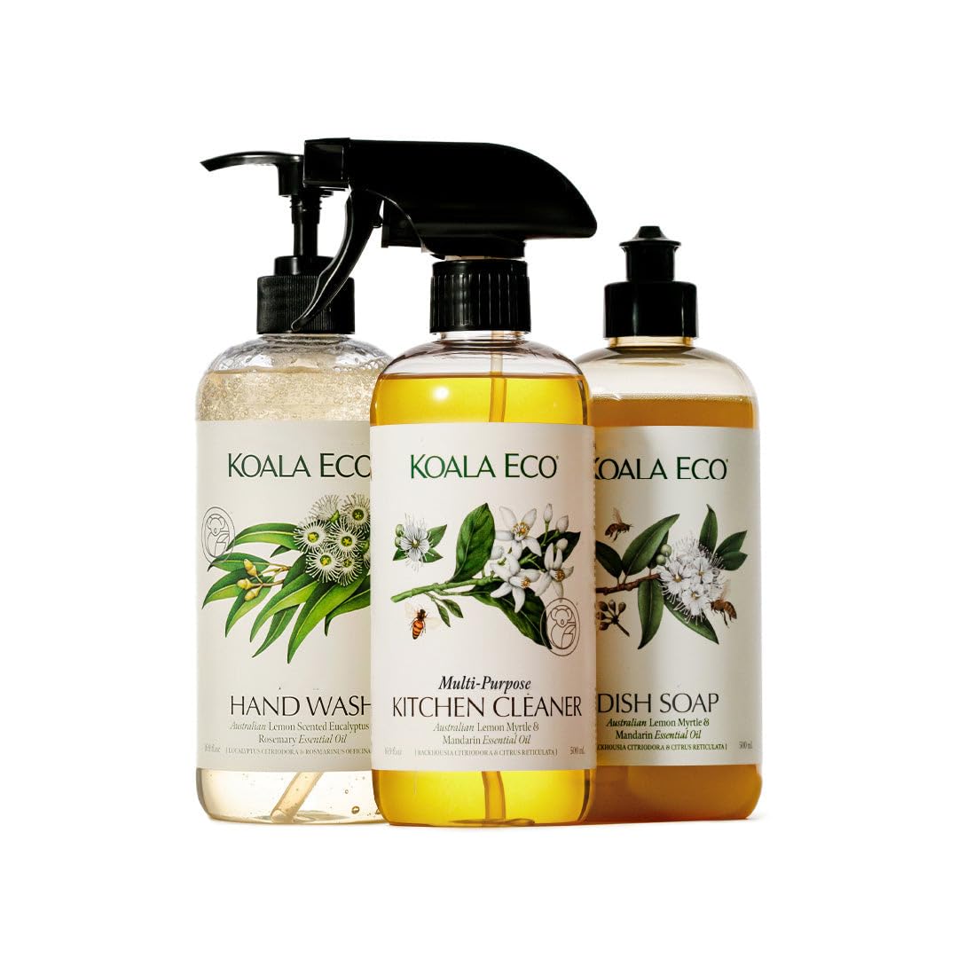 Koala Eco Gift Set of 3 Includes: Kitchen Cleaner, Dish Soap, Hand Wash, Beautifully Packaged - Australian Lemon Eucalyptus, Lemon Myrtle & Rosemary