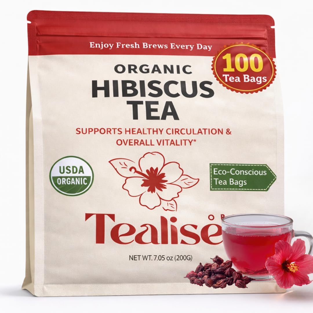 Organic Hibiscus Tea Bags - 100 Plant-Based Tea Bags - Hibiscus Flower Herbal Tea - Caffeine Free Herbal Tea - USDA Organic - Tealise