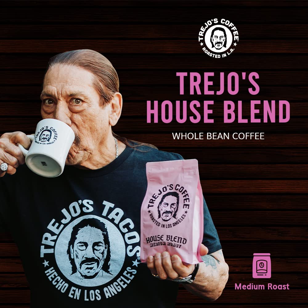 Trejo’s Tacos House Blend Medium Roast Whole Bean Coffee 12 Oz (Pack of 1) - Made with 100% Arabica Beans - Smooth Balanced Taste with Chocolate