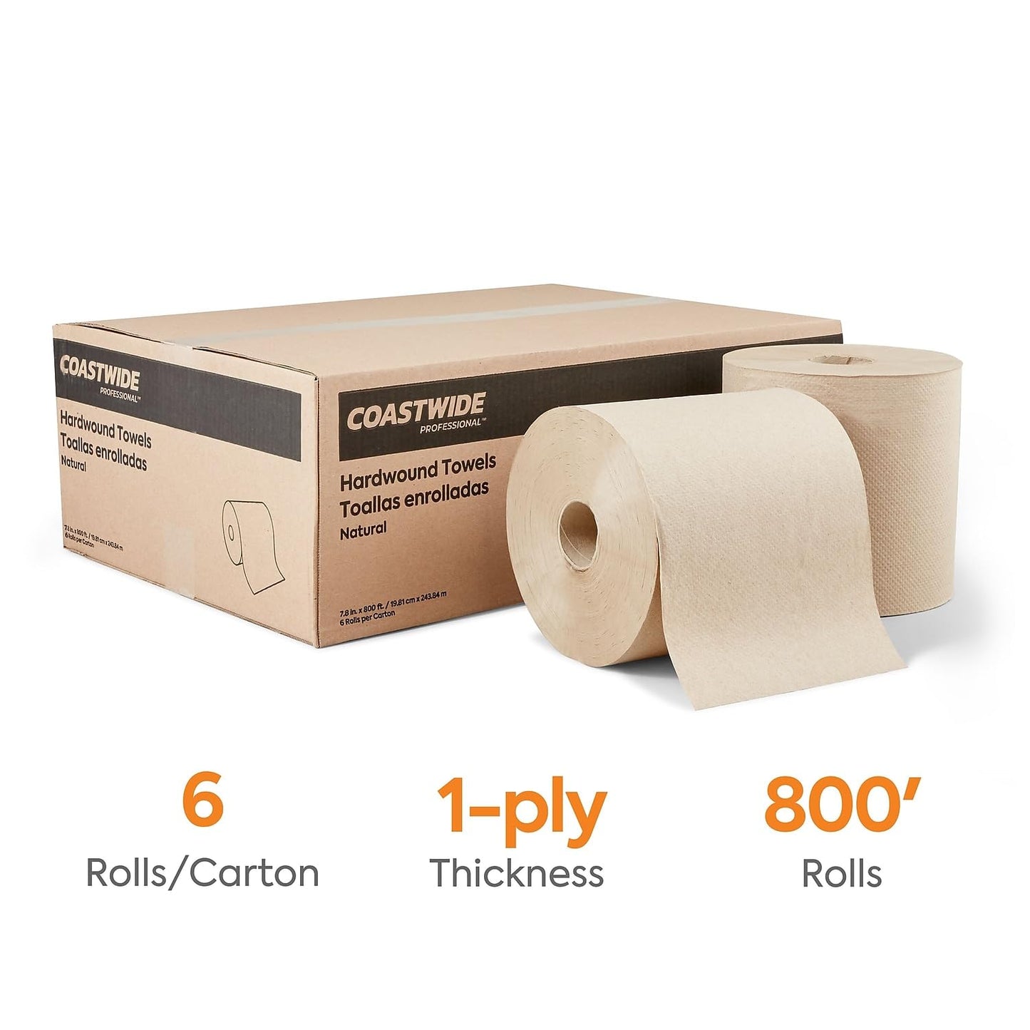 Coastwide Professional Recycled Hardwound Paper Towels, 1-ply, 800 ft./Roll, 6 Rolls/Carton
