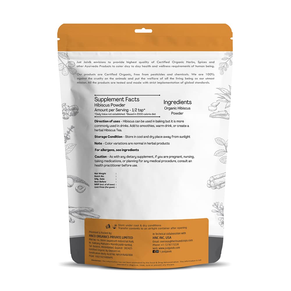 Just Jaivik 100% Organic Hibiscus Flower Powder (Hibiscus Sabdariffa) 1/2 LB, 08 oz, 227g USDA Certified Organic- Biodegradable Resealable Zip Lock