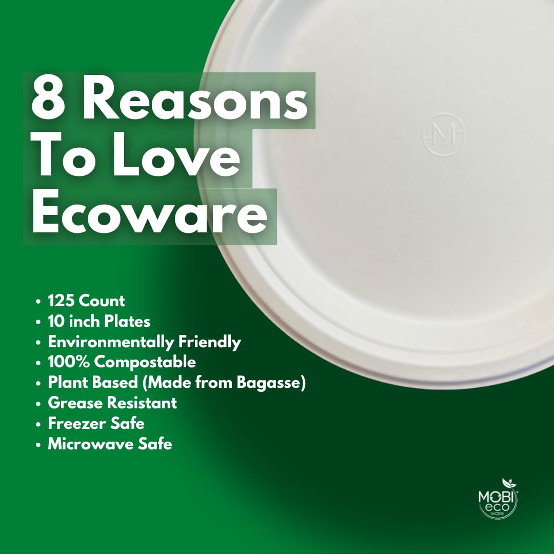 MOBI Ecoware Paper Plates, 100% Compostable-[10 Inch by 0.5" deep]-Heavy Duty Disposable Plate - (BPI Certified) - (PFAS-Free) - Eco-Friendly