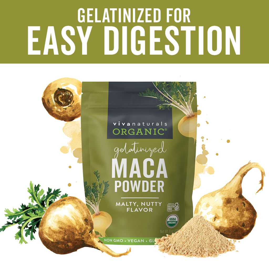 Viva Naturals Organic Maca Powder, Gelatinized, 8 oz - Vegan, USDA Organic, Gluten-Free, Non-GMO Peruvian Superfood in Resealable Bag