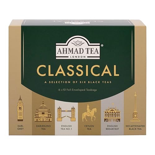 Ahmad Tea Black Tea, Classic Selection Pack Teabags, 60 Foil Teabags - Caffeinated, Decaffeinated, & Sugar-Free