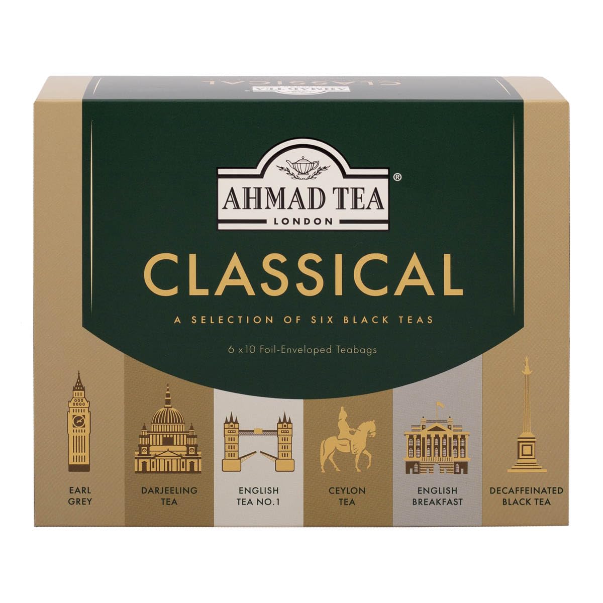Ahmad Tea Black Tea, Classic Selection Pack Teabags, 60 Foil Teabags - Caffeinated, Decaffeinated, & Sugar-Free