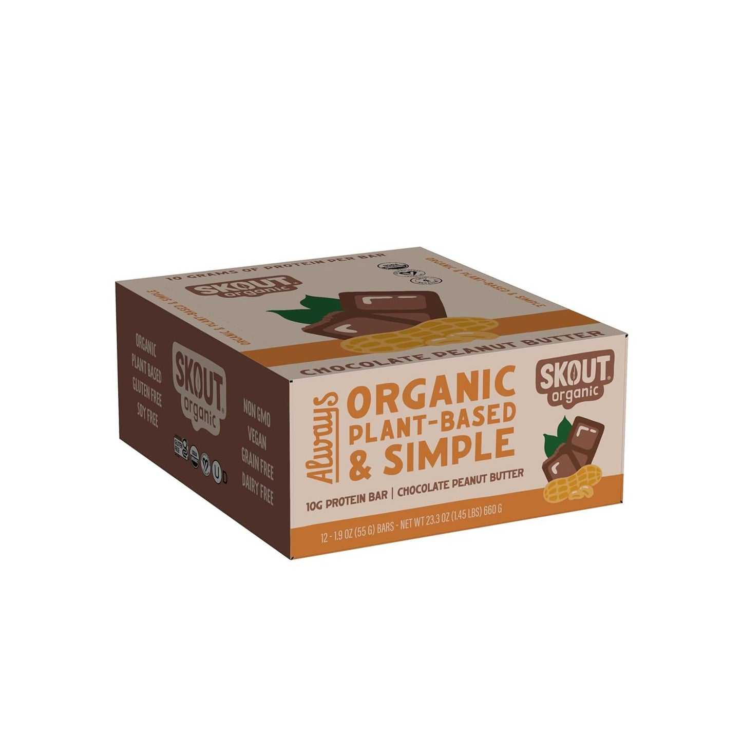 Skout Organic Plant-Based Protein Bars Chocolate Peanut Butter (12 Pack) 10g Protein - Vegan Protein Bars - Only 5 Ingredients - Easy Snack - Gluten