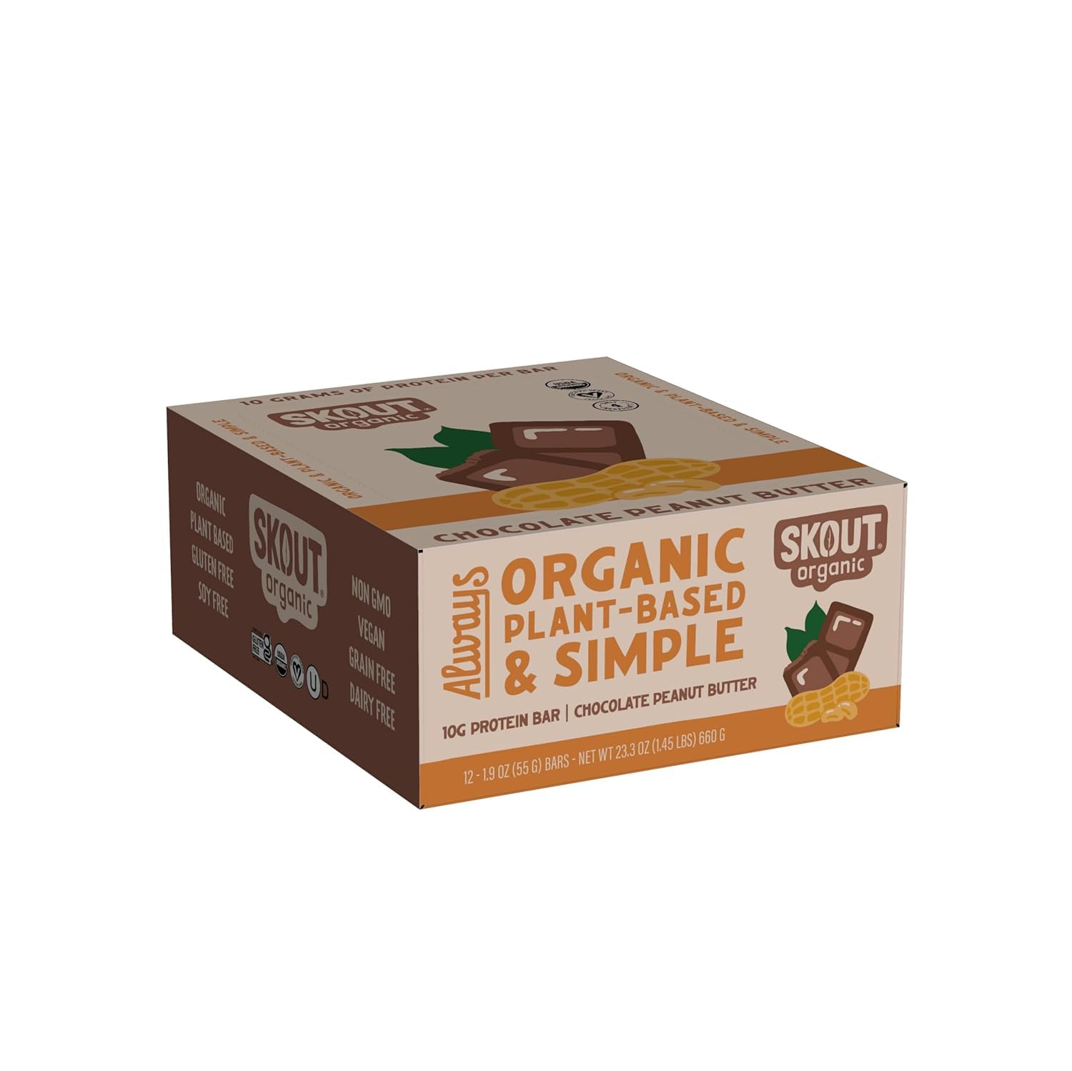 Skout Organic Plant-Based Protein Bars Chocolate Peanut Butter (12 Pack) 10g Protein - Vegan Protein Bars - Only 5 Ingredients - Easy Snack - Gluten