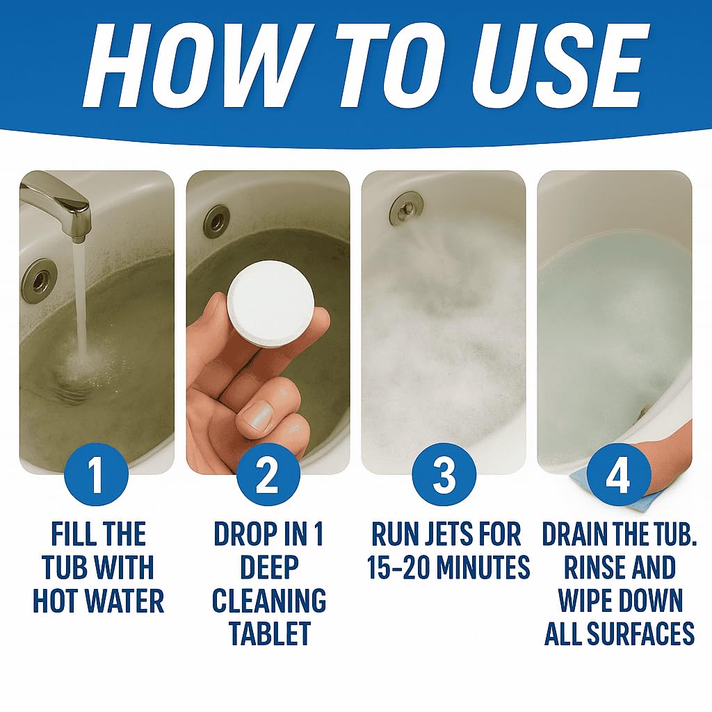 Jetted Tub Cleaner Bathtub Tabs - 12 ACTIVE Cleaning Tablets, Compatible with Whirlpool & Spa Bath System, Jets, Whirl Tubs, Professional Septic Safe