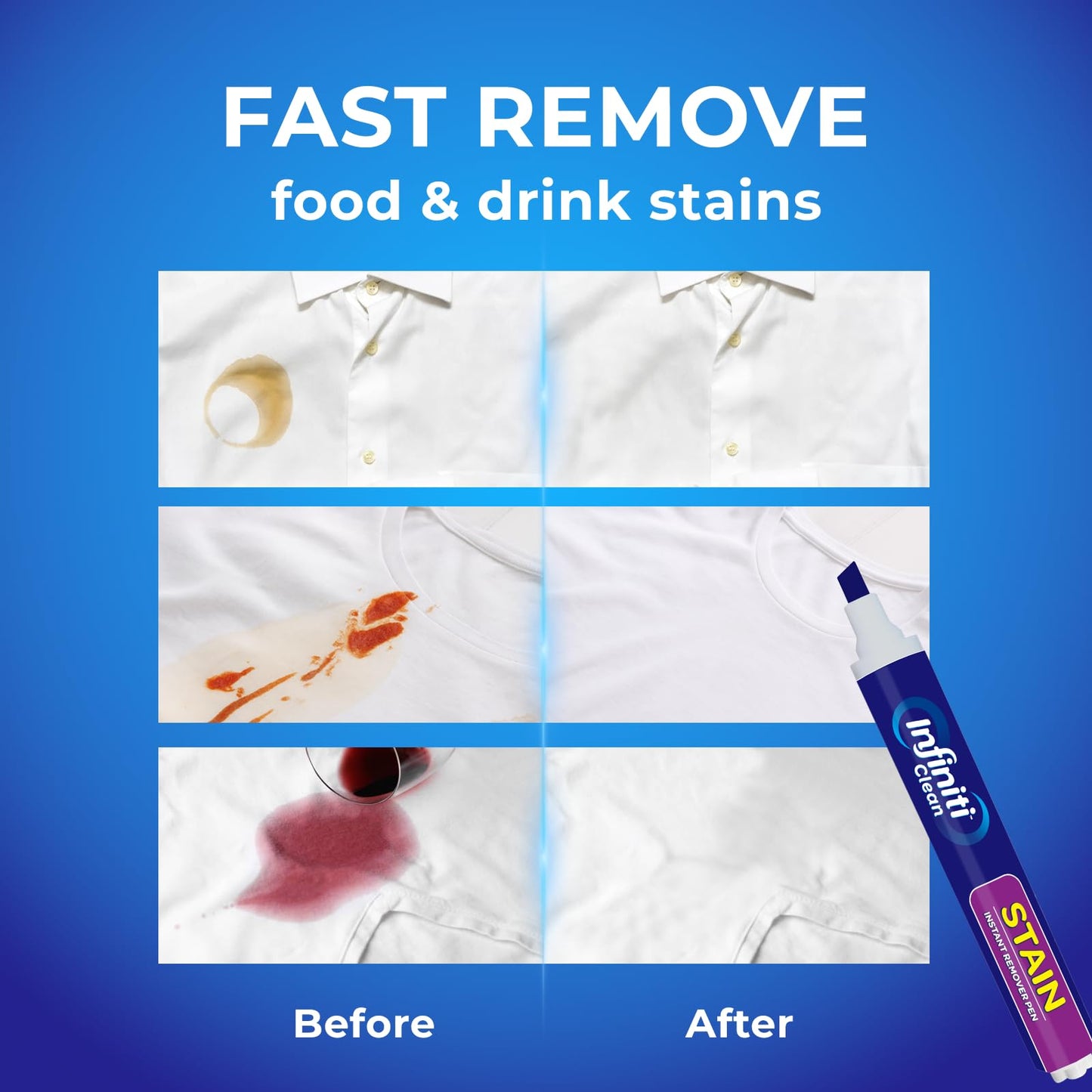 Infiniti Clean Stain Removal Pen (3 Pack) - 27ml (0.91 fl.oz) Each, Instant Fabric Stain Remover for Clothes, Portable Stain Eraser for Coffee, Wine