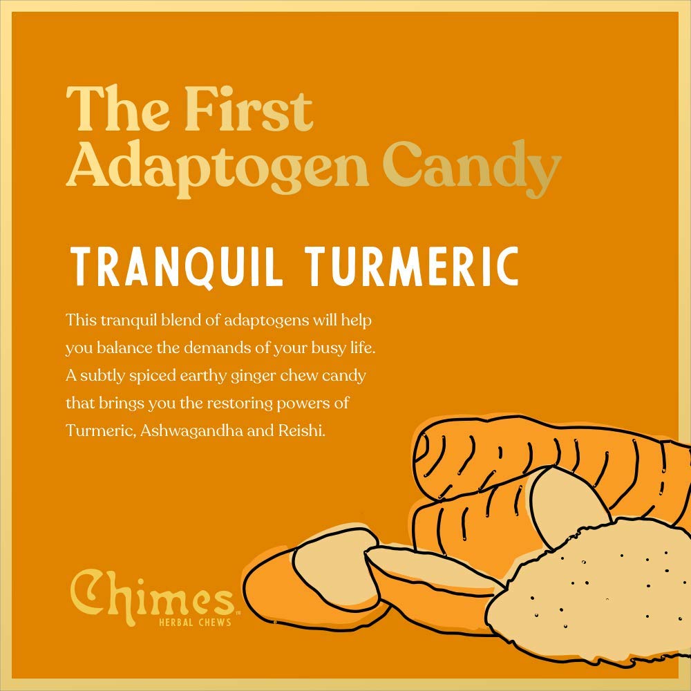 Chimes Tranquil Turmeric Adaptogen Ginger Chews Candy - (1 Pack With Ashwagandha, Reishi and Turmeric with Curcumin) Vegan, Gluten Free