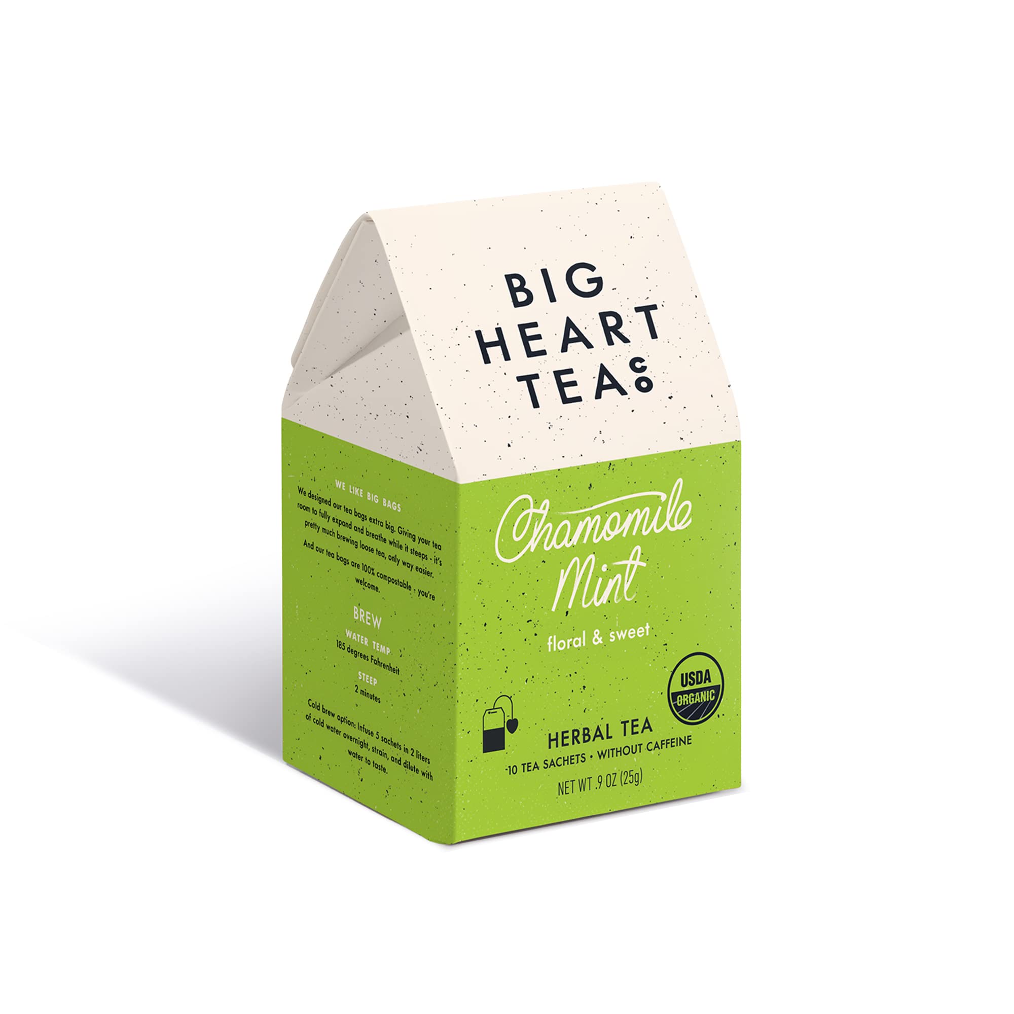 Big Heart Tea Co. Tea Bags - Chamomile Mint - Certified Organic, Calming Herbal Decaf Tea in Zero Plastic Sachets with Small Batch Ground Herbs