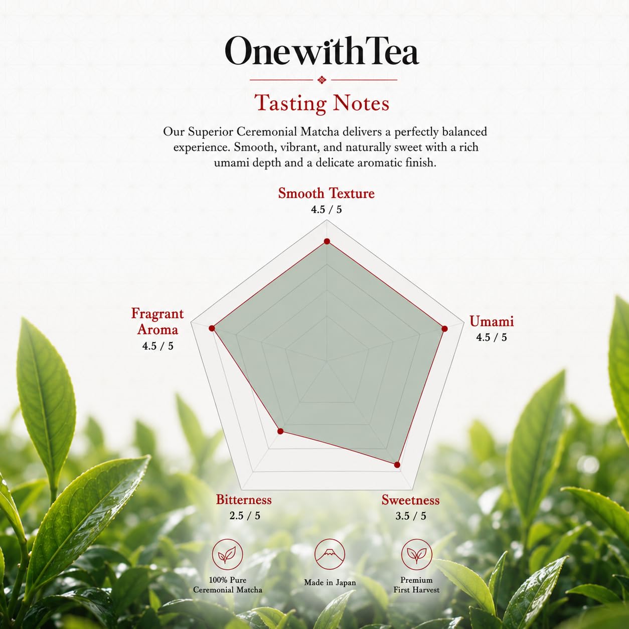 ONE WITH TEA Superieur Ceremonial Matcha Powder, Japanese Green Tea, Stone-Ground, Smooth & Mild Flavor, Ideal for Matcha Latte & Smoothies, 100% Pure