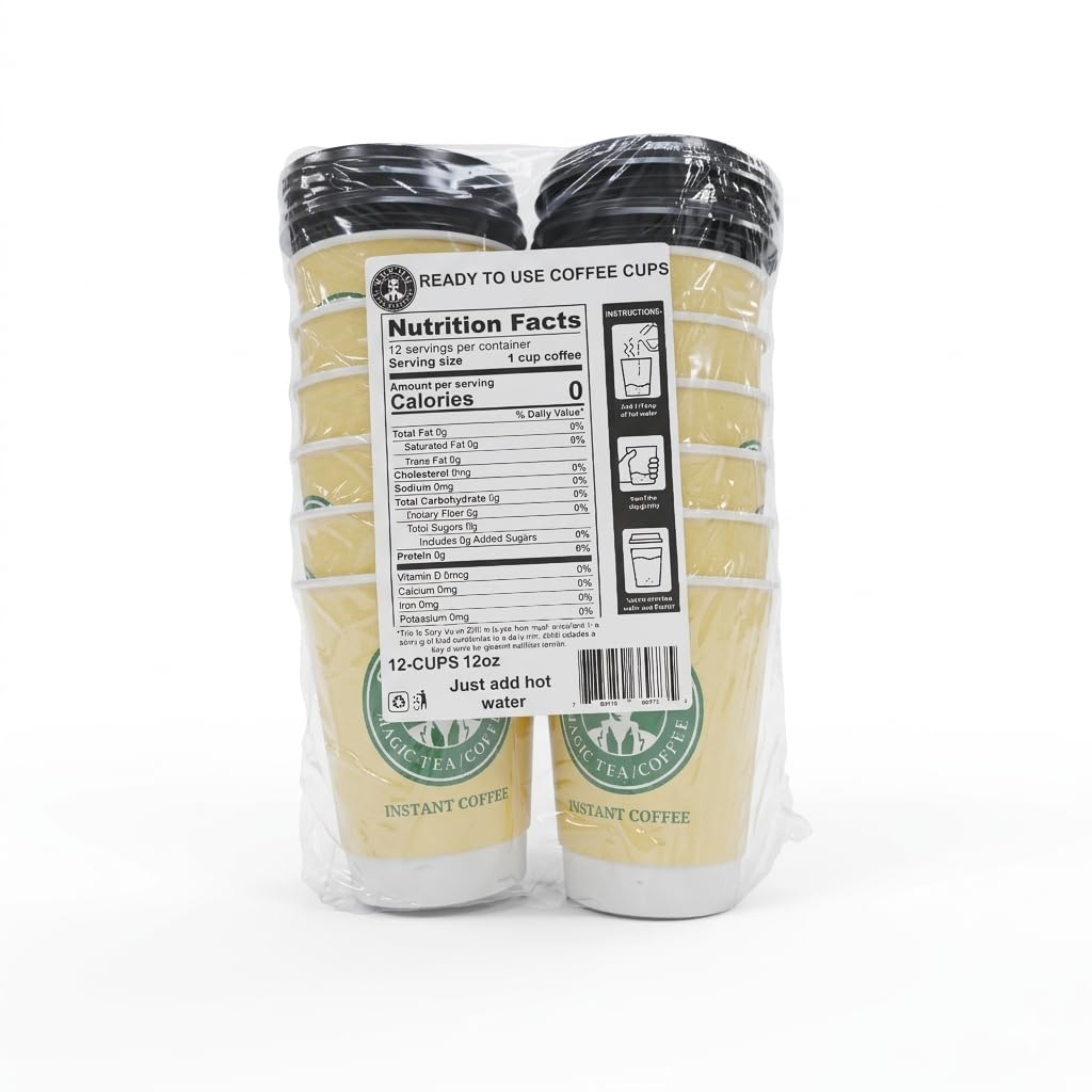 SAYUR Instant Coffee in a Cup, Medium Roast, Caffeinated, 12 oz, Pack of 12, Hot, Ready to Use for office