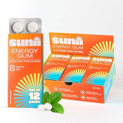 Sunii Nootropic Energy Gum - Quick Boost Energy & Focus - 100mg Caffeine Gum, Fresh Mint Taste - Vitamins B6 & B5, Taurine, Vegan, No Sugar 5 Calorie