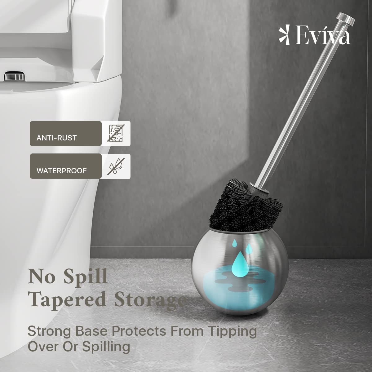 Eviva Elegant Round Toilet Bowl Brush and Holder - Metal Toilet Brushes for Bathroom with Holder - Modern Toilet Bowl Cleaner Brush Accent Piece