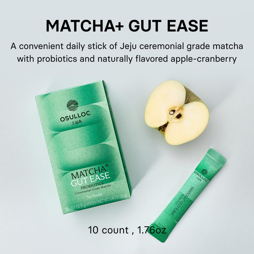 Osulloc Matcha Plus+ Gut Ease (Apple & Berry Flavor), Matcha & Probiotics Blend, Natural Sweet fruity flavor, 10 Count