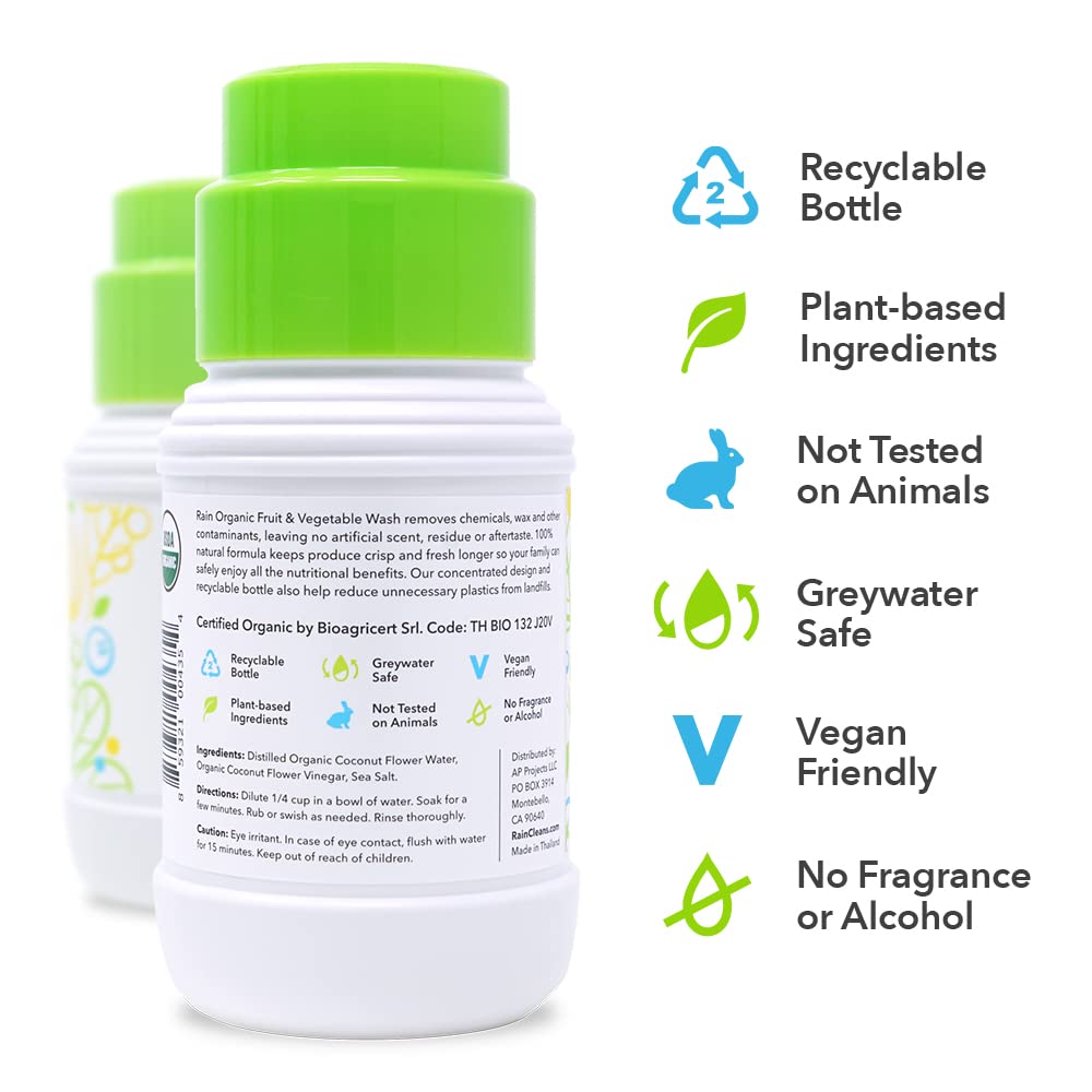 Rain Organic Fruit and Vegetable Wash All Natural Veggie Produce Cleaner for Safe Clean Eating, Baby Essential Eco Friendly Concentrated Strength