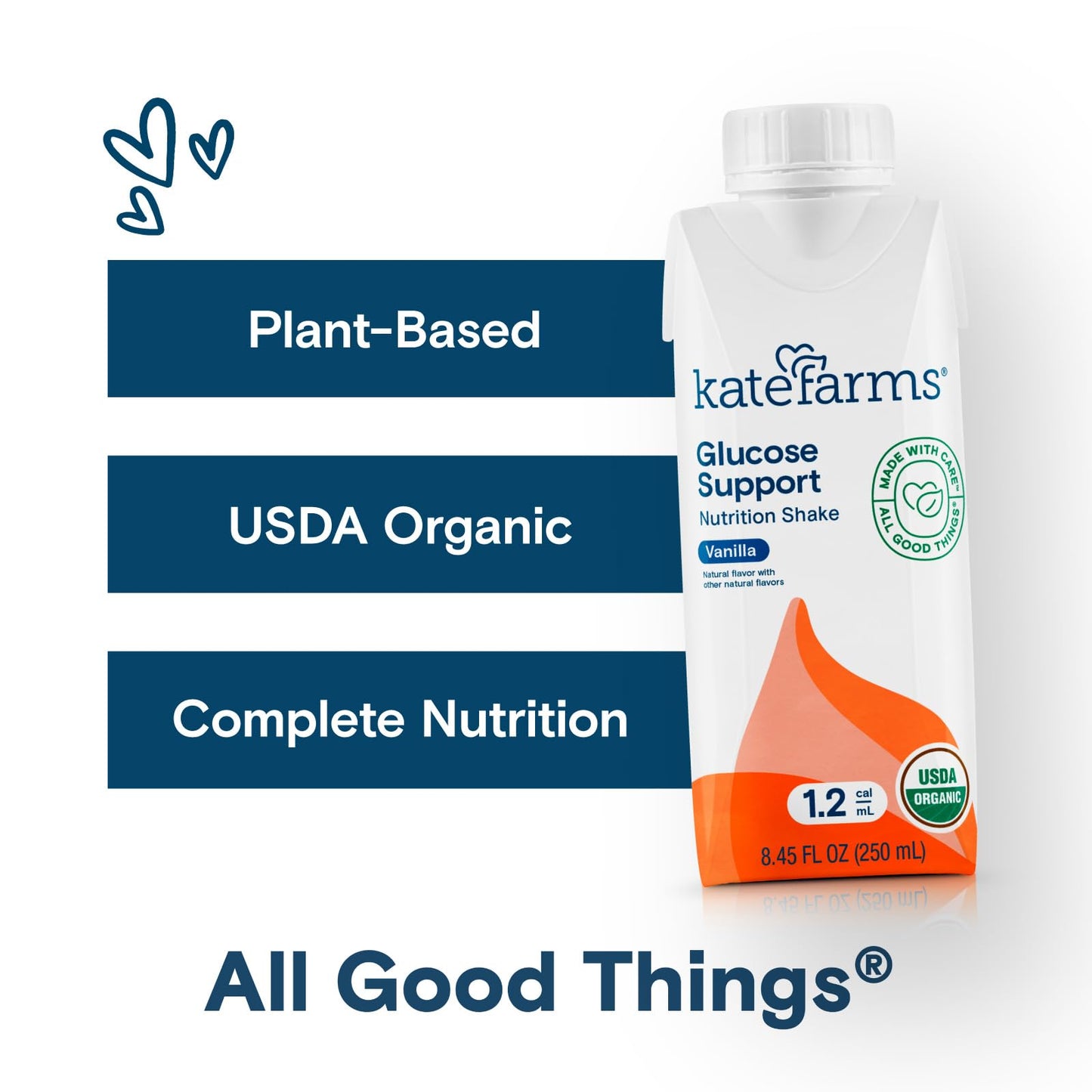 KATE FARMS Organic 1.2 Glucose Support Shake, Vanilla, 16g Protein, 27 Vitamins and Minerals, Meal Replacement, 8.45 oz (6 Pack)