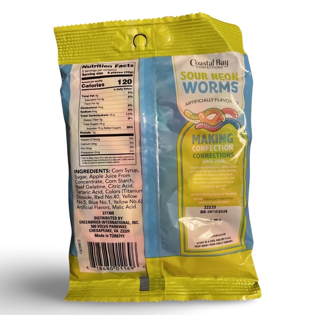 Sour Neon Gummy Worms by Coastal Bay Confections - 6 Oz - Approx 40 Pieces