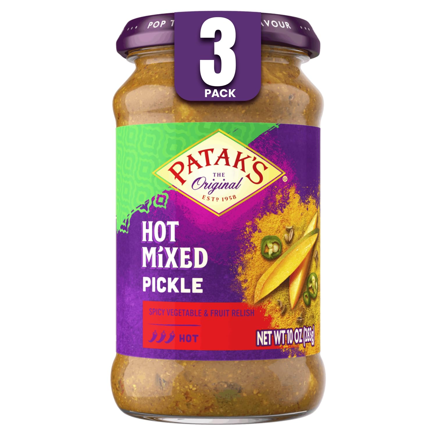 Patak’s Hot Mixed Pickle - Authentic Indian Relish w/Mangoes, Carrots, Limes, Chili Peppers & Aromatic Spices -Perfect for Sandwiches, Salads & Cold