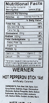 Werner Hot Pepperoni Meat Sticks - 14 Count (9") Bulk Spicy Meat Sticks, 10 Ounce Resealable Bag