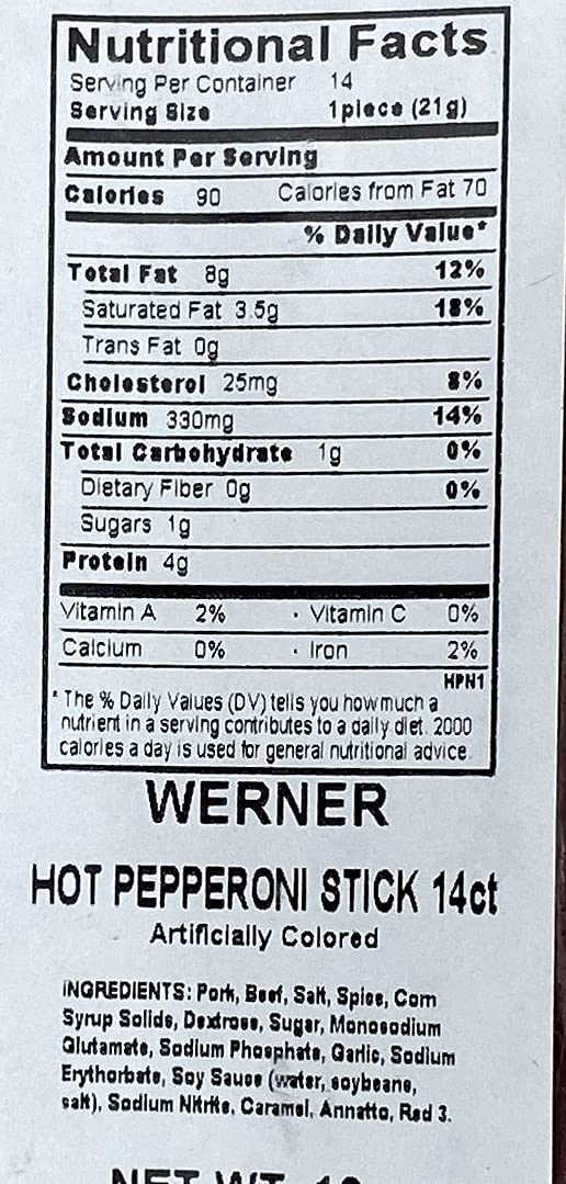 Werner Hot Pepperoni Meat Sticks - 14 Count (9") Bulk Spicy Meat Sticks, 10 Ounce Resealable Bag