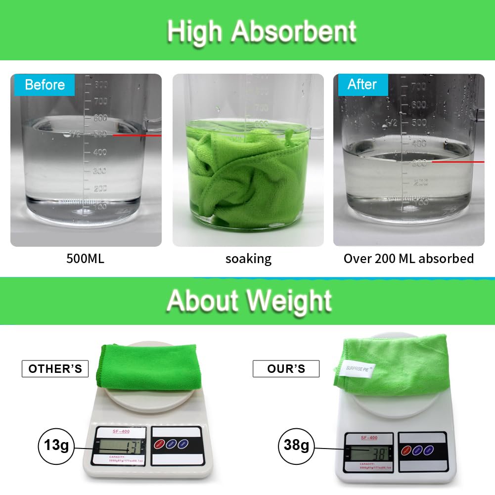 SURPRISE PIE Microfiber Cleaning Cloth for Kitchen Housekeeping Dish Electronics Dust Rags Thick Lint Free Car Wash DryingTowel (12"x12") Green-6 Pack