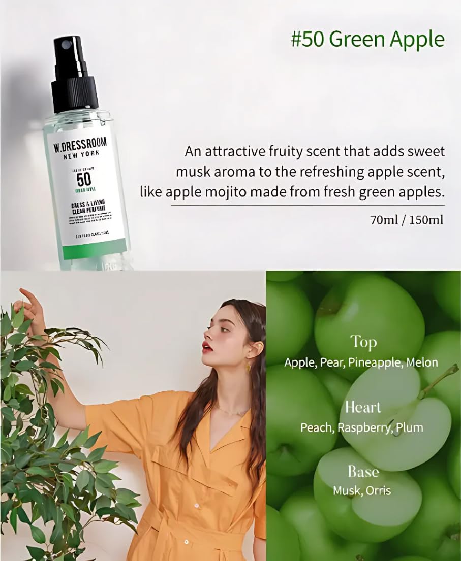 W.Dressroom No.50 Green Apple Living Clear Perfume, Body Mist & Fabric Spray Deodorizer, Alcohol-Free Water-Based, Odor Neutralizer for Clothes