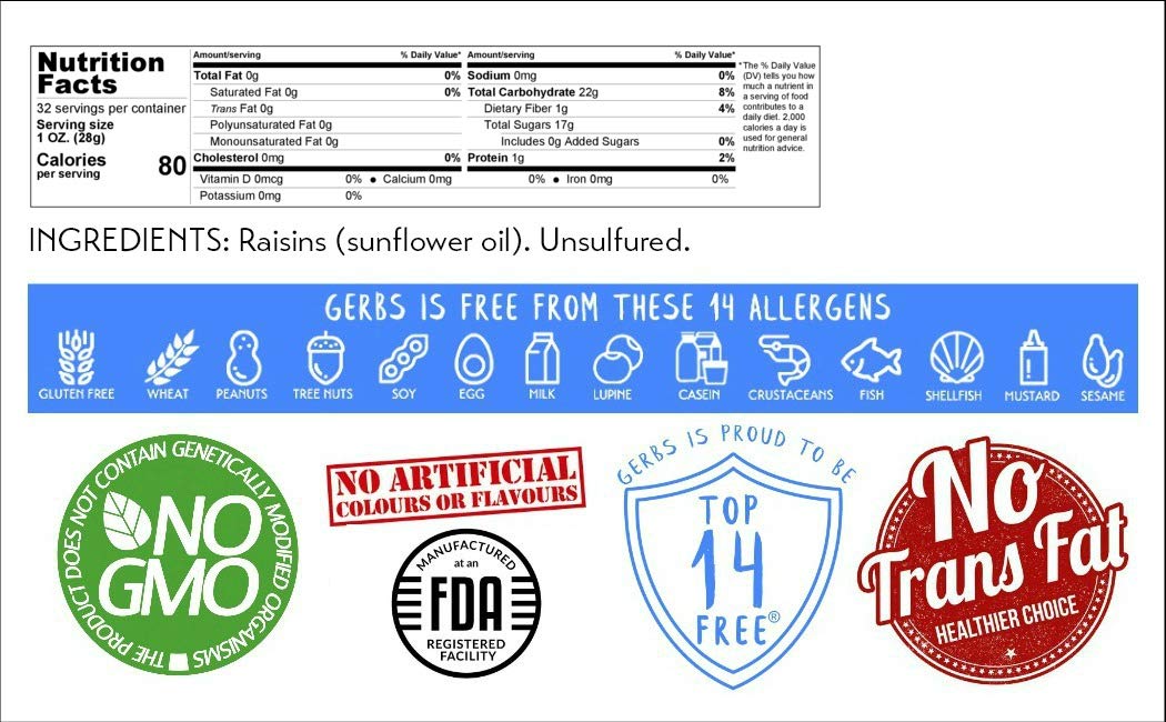 Gerbs Dried Raisins 2 lbs. | Unsulfured, No Artificial Additives, Resealable Bag | Naturally Sweet & Plump | Top 14 Allergen-Free